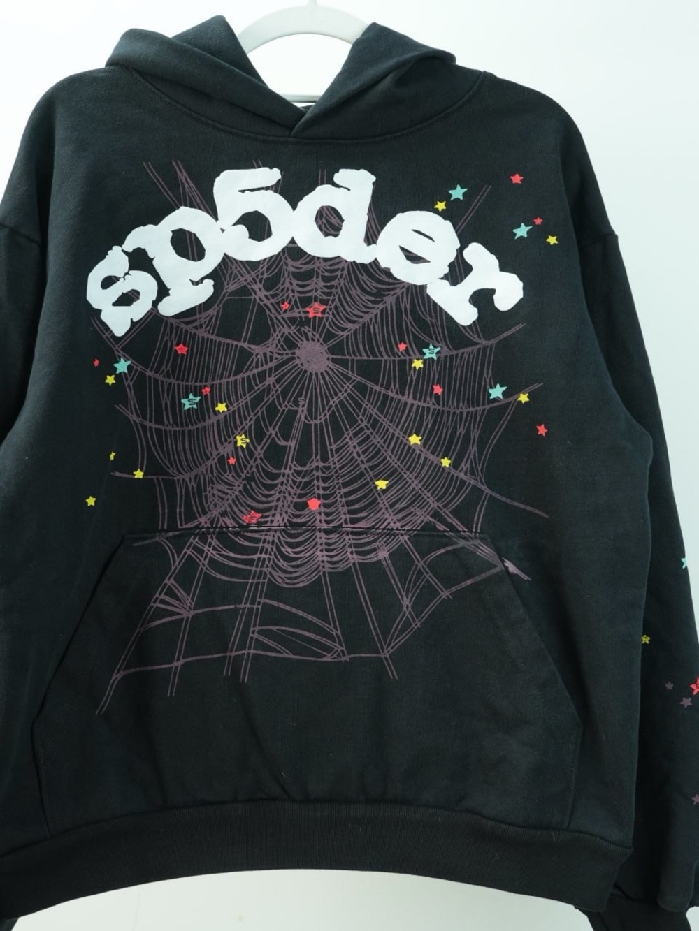 Black Graphic Spiderweb Crewneck Sweatshirt with Multicolor Star Accents